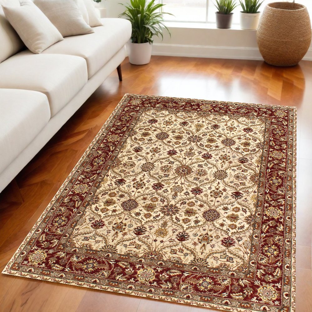 5' X 8' Ivory and Red Oriental Hand Tufted Non Skid Area Rug
