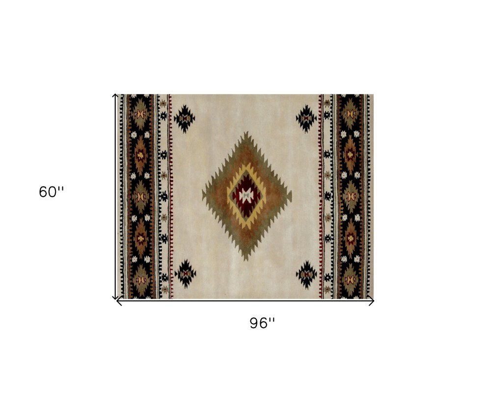 5' X 8' Ivory and Black Southwestern Hand Tufted Non Skid Area Rug
