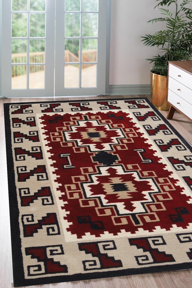 5' X 8' Red and Beige Southwestern Hand Tufted Non Skid Area Rug