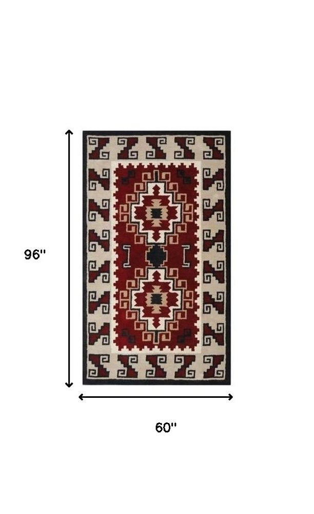 5' X 8' Red and Beige Southwestern Hand Tufted Non Skid Area Rug