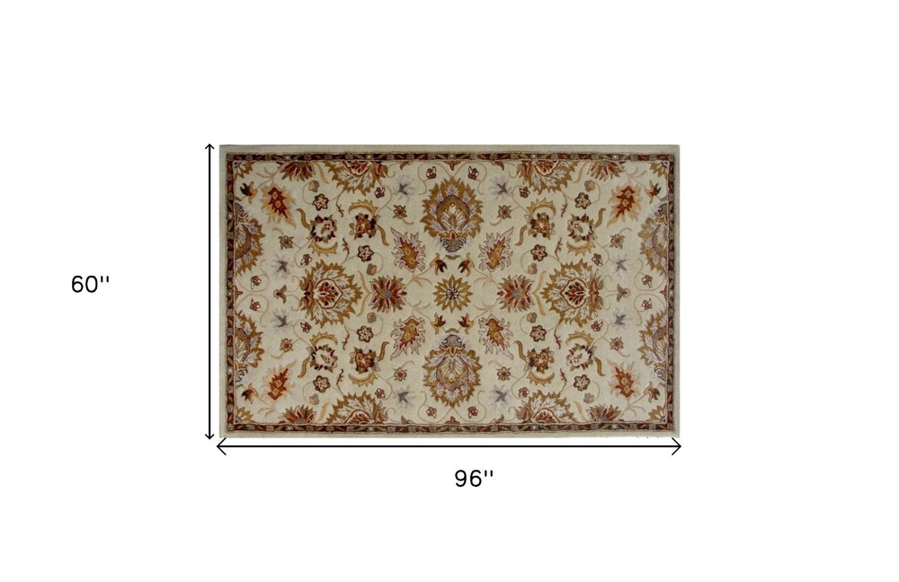 5' X 8' Cream Oriental Hand Tufted Non Skid Area Rug