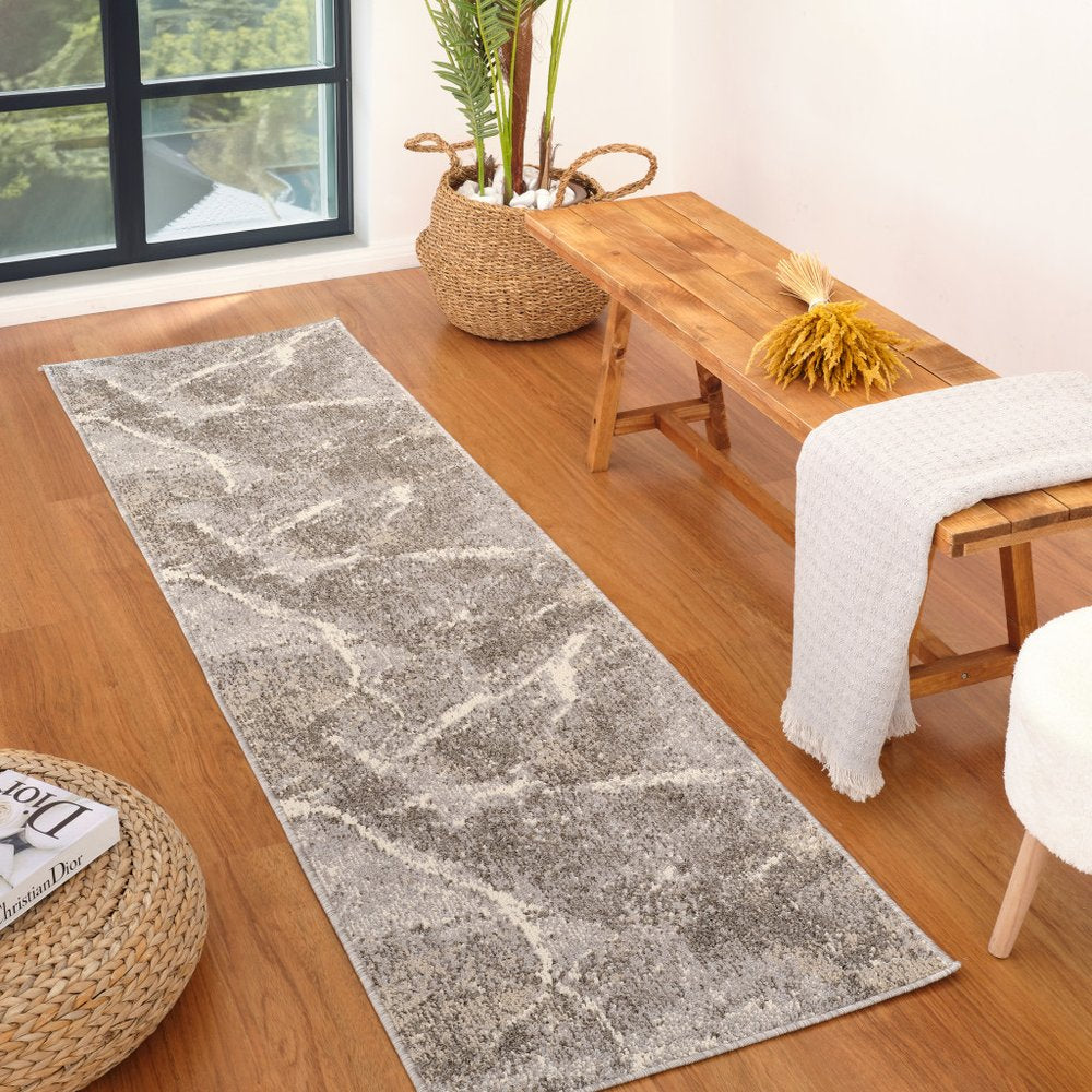 8' Gray And Beige Abstract Distressed Runner Rug