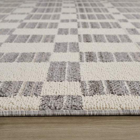 8' Gray And Beige Checkered Distressed Runner Rug