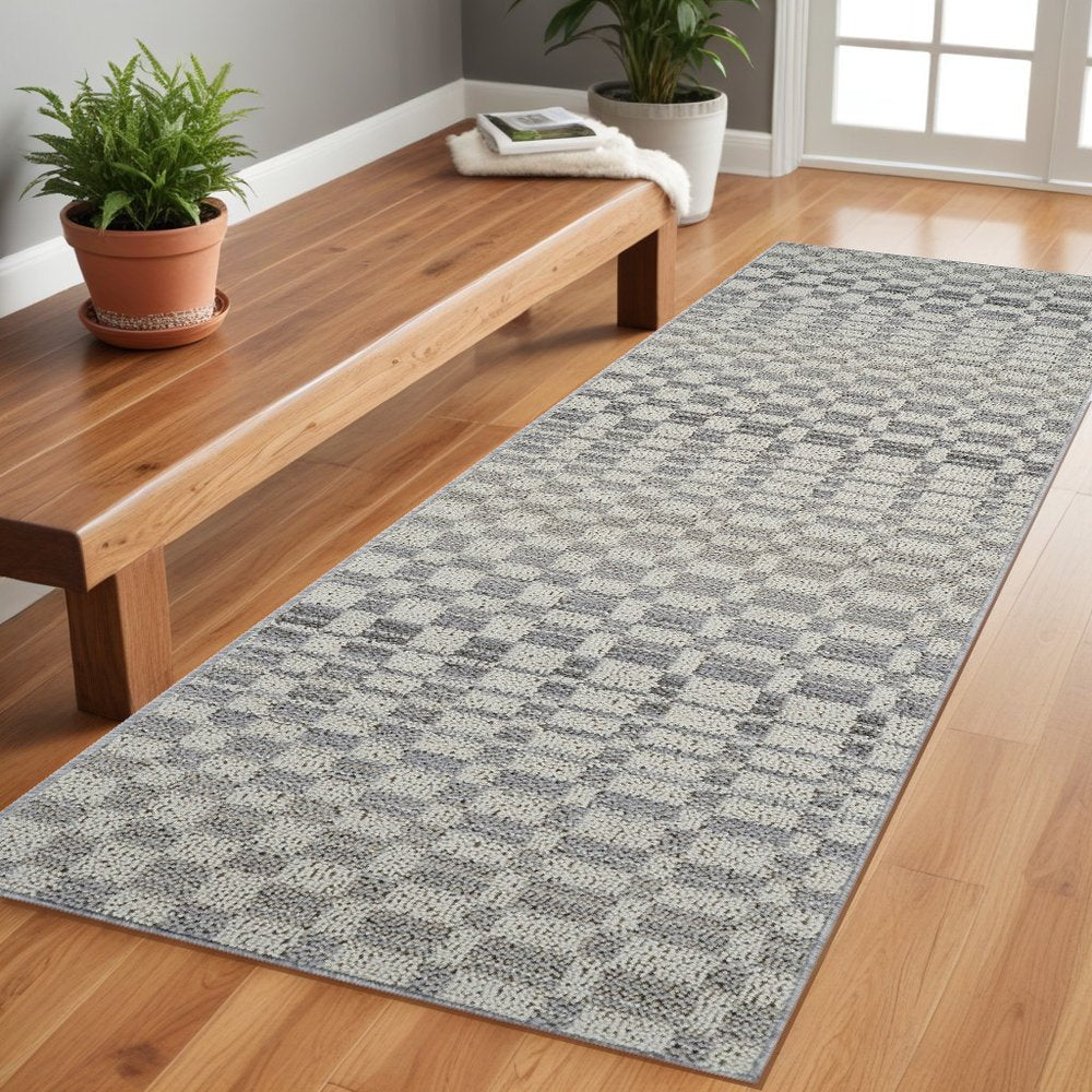 8' Gray And Beige Checkered Distressed Runner Rug