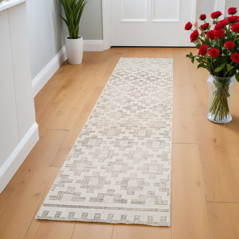 8' Gray And Beige Moroccan Distressed Runner Rug