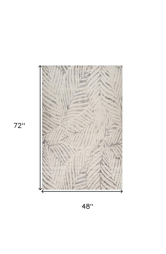 4' X 6' Gray and Cream Botanical Leaves Area Rug