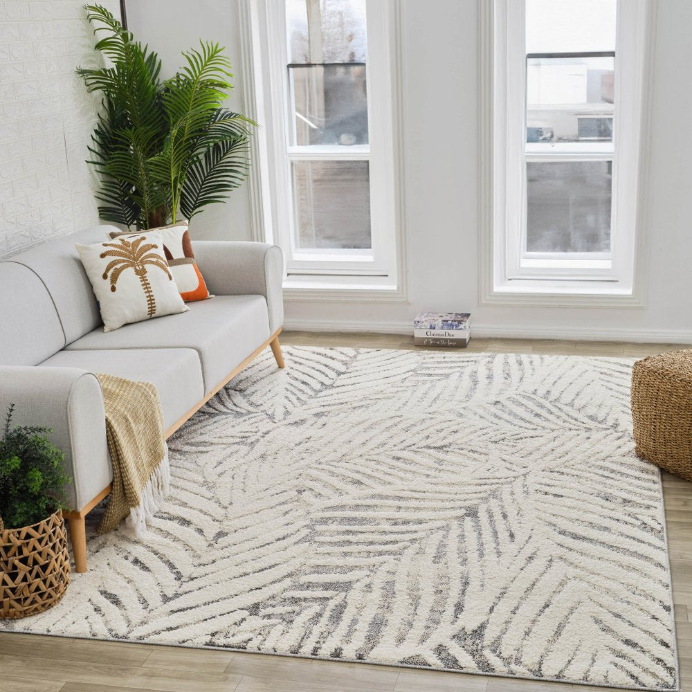 4' X 6' Gray and Cream Botanical Leaves Area Rug