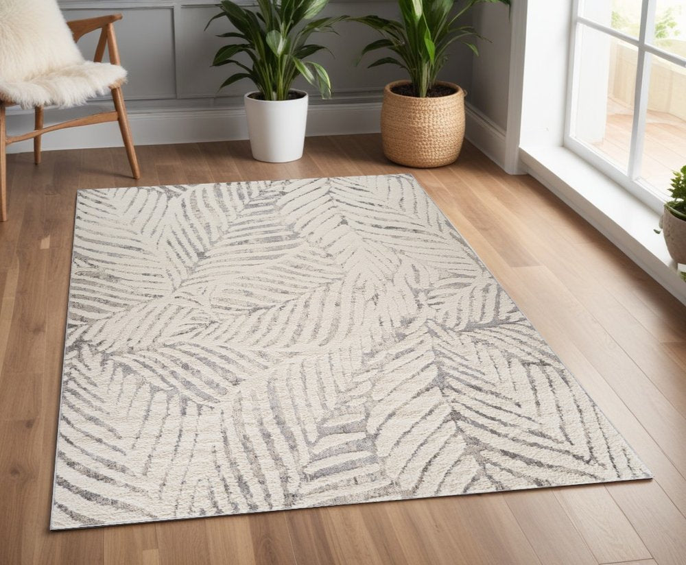 4' X 6' Gray and Cream Botanical Leaves Area Rug