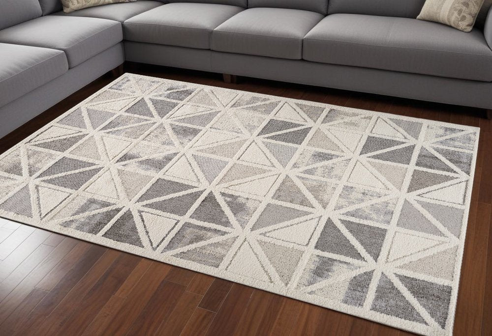 8' X 11' Gray and Cream Geometric Distressed Area Rug