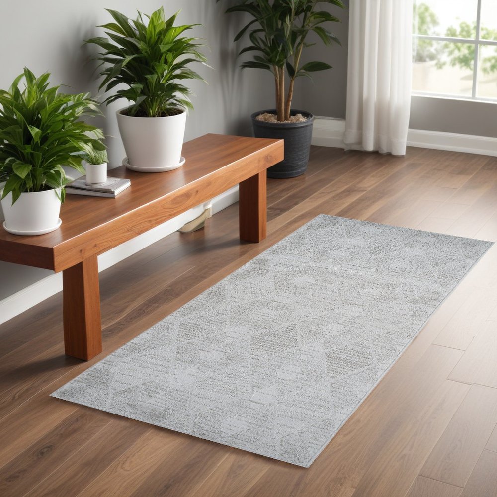 2' X 5' Gray and Ivory Geometric Distressed Area Rug