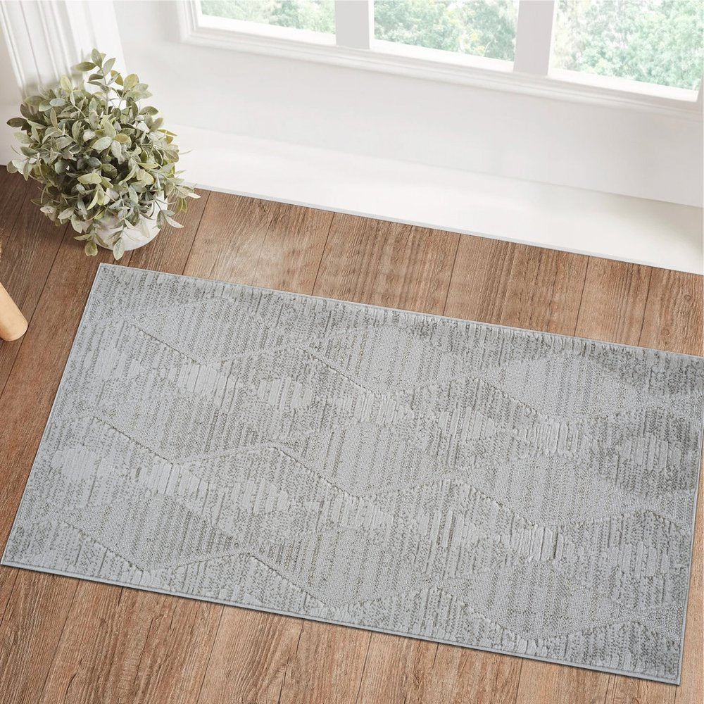 2' X 5' Gray and Ivory Geometric Distressed Area Rug