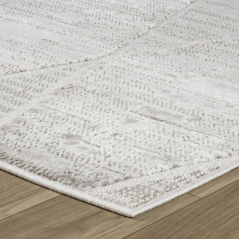 8' Gray And Ivory Geometric Distressed Runner Rug