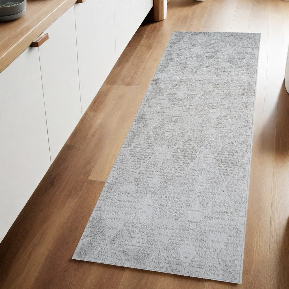 8' Gray And Ivory Geometric Distressed Runner Rug