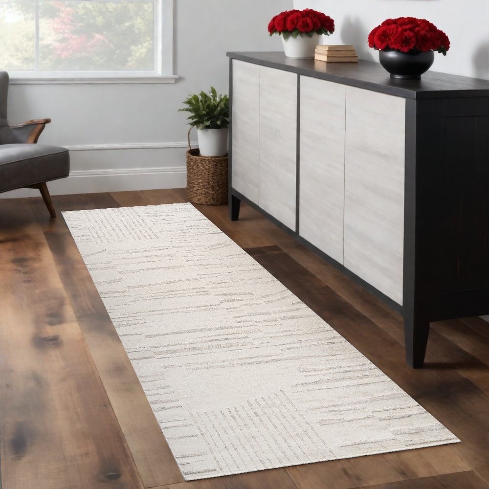 8' Gray And Beige Geometric Distressed Runner Rug