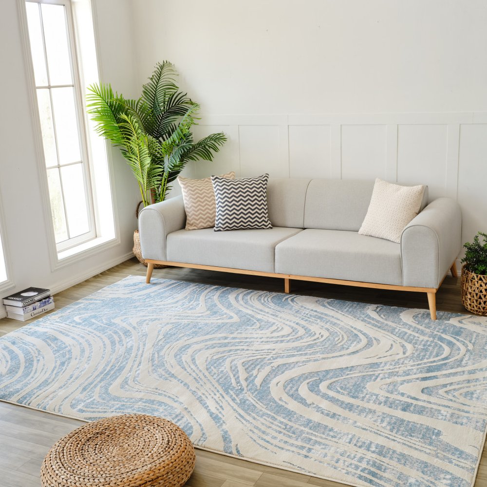 4' X 6' Blue and Beige Abstract Distressed Area Rug