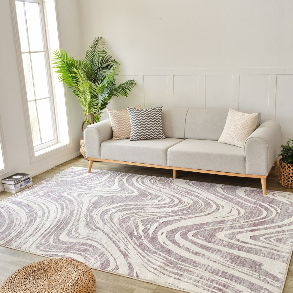 5' X 8' Beige and Purple Abstract Distressed Area Rug