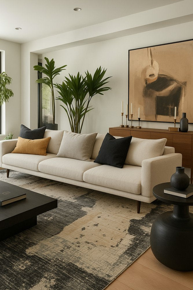 5' X 8' Beige and Black Abstract Distressed Area Rug