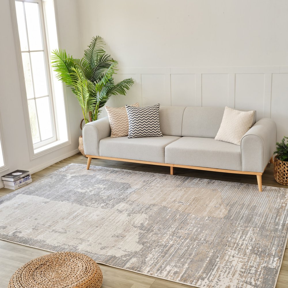 8' X 11' Cream and Beige Abstract Distressed Area Rug
