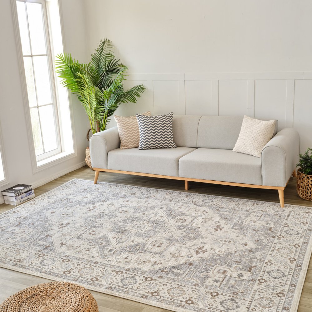 7' X 10' Gray and Beige Oriental Distressed Area Rug