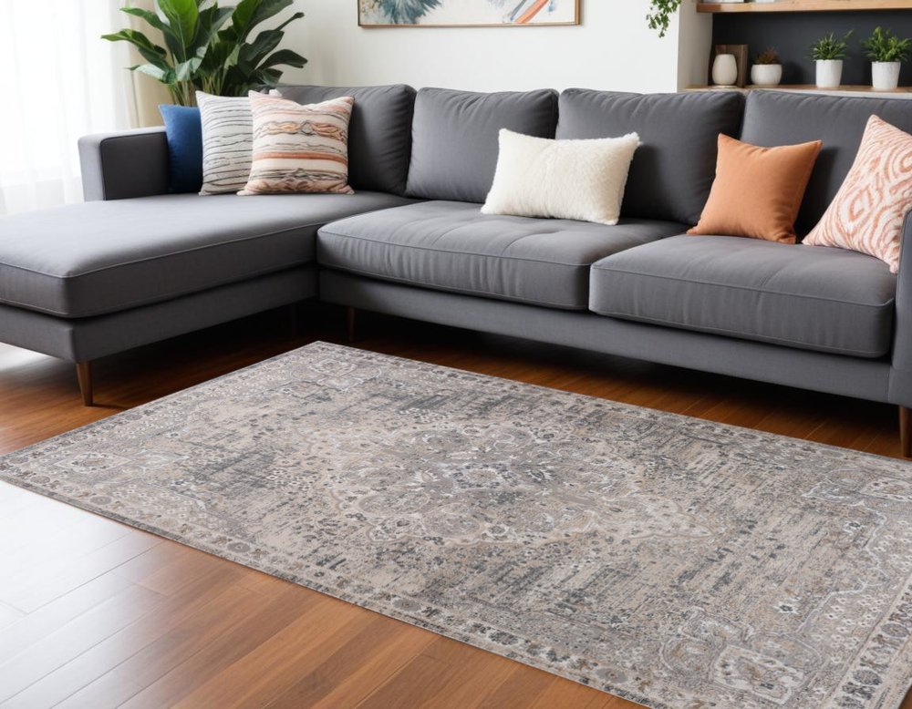 7' X 10' Gray and Beige Oriental Distressed Area Rug