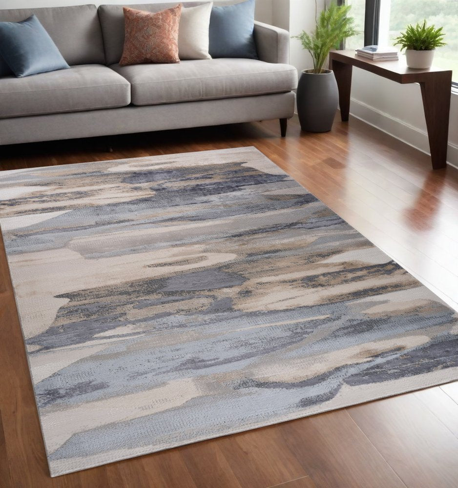 5' X 8' Blue and Beige Abstract Distressed Area Rug