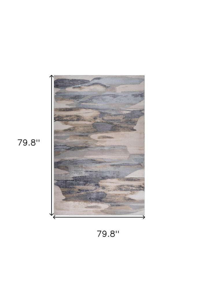 7' X 10' Gray Blue and Beige Abstract Worn Faded Area Rug