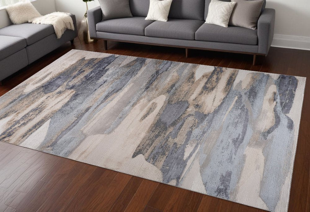7' X 10' Gray Blue and Beige Abstract Worn Faded Area Rug