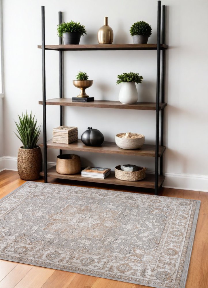 4' X 6' Beige and Gray Oriental Distressed Area Rug