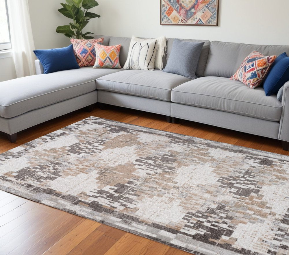 7' X 10' Cream and Brown Abstract Distressed Area Rug
