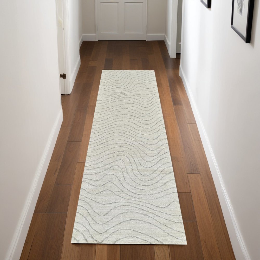 8' Cream and Beige Abstract Non Skid Runner Rug