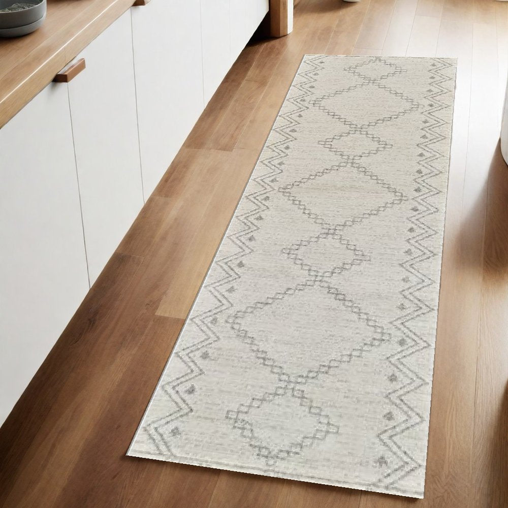 8' Cream And Beige Abstract Distressed Runner Rug