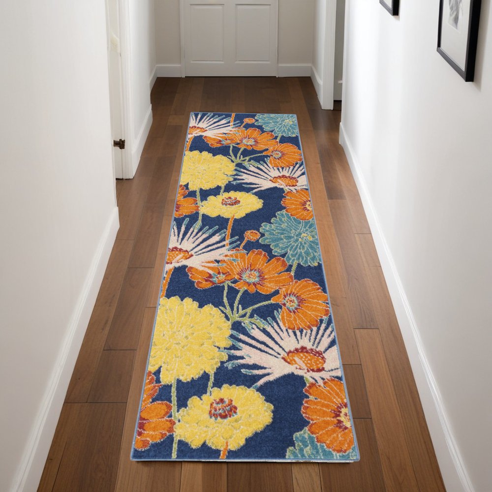 8' Blue Floral Runner Rug