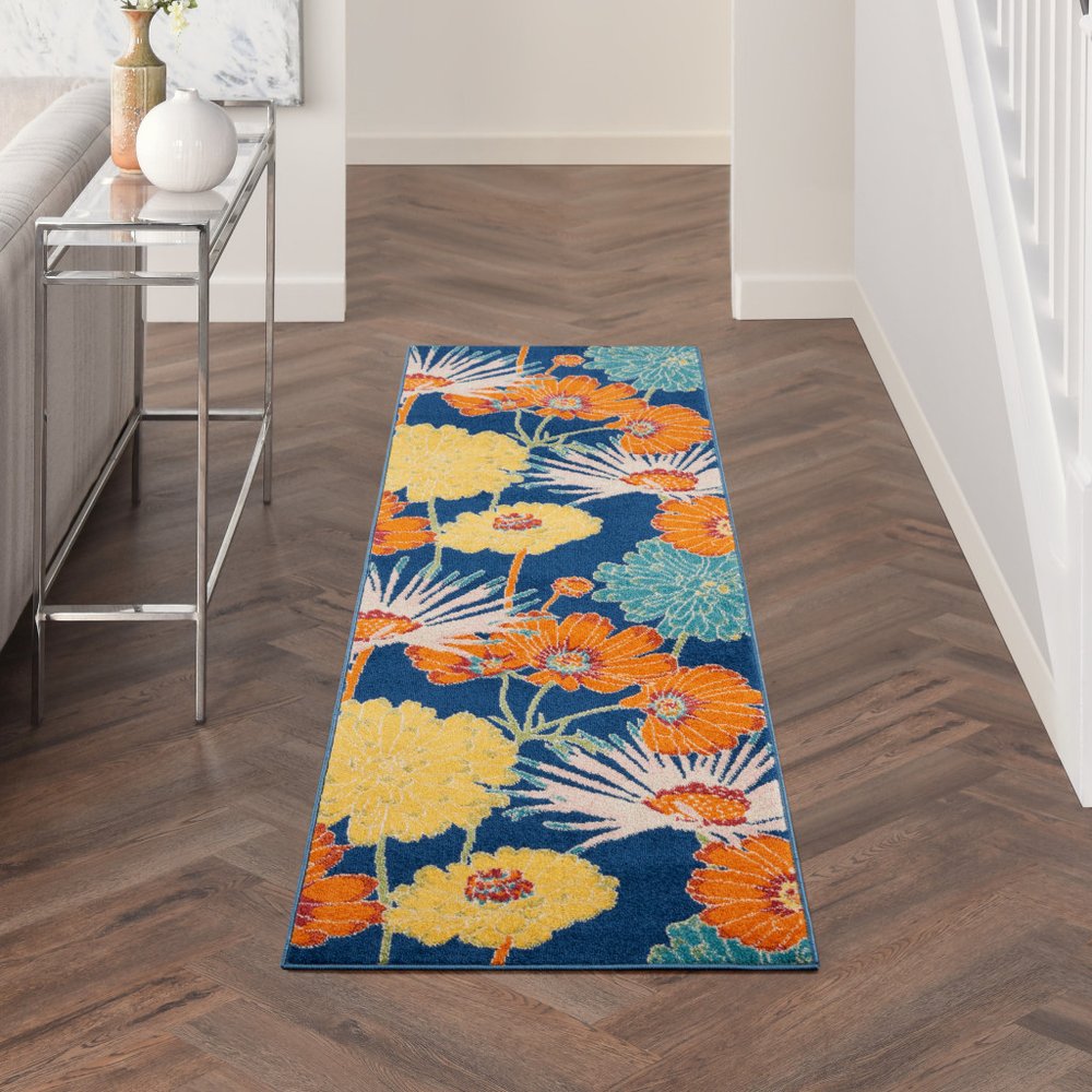8' Blue Floral Runner Rug