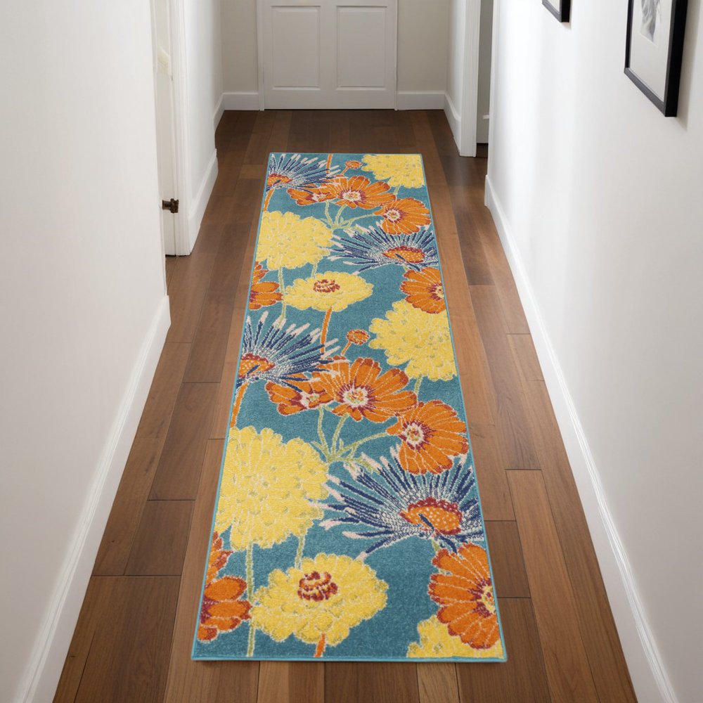 8' Blue Floral Runner Rug