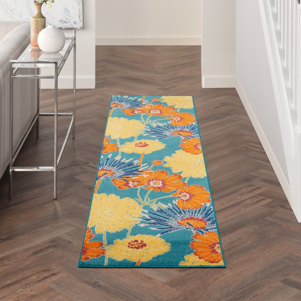 8' Blue Floral Runner Rug