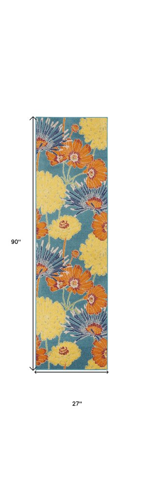 8' Blue Floral Runner Rug