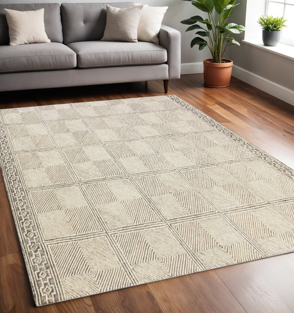 5' X 8' Moss Green Wool Abstract Geometric Hand Tufted Non Skid Area Rug