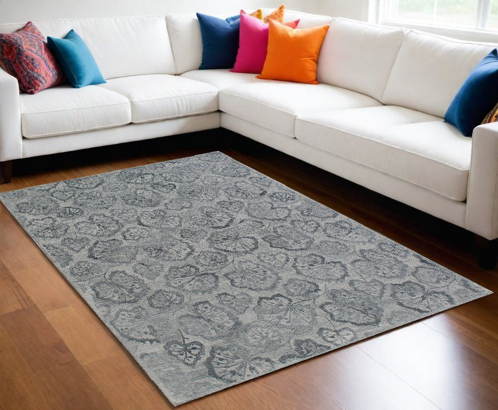 9' X 12' Silver Floral Hand Tufted Non Skid Area Rug