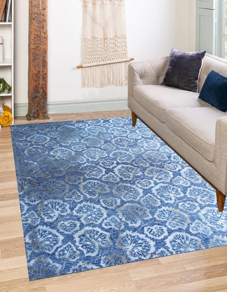 5' X 8' Denim Blue Wool Floral Hand Tufted Non Skid Area Rug