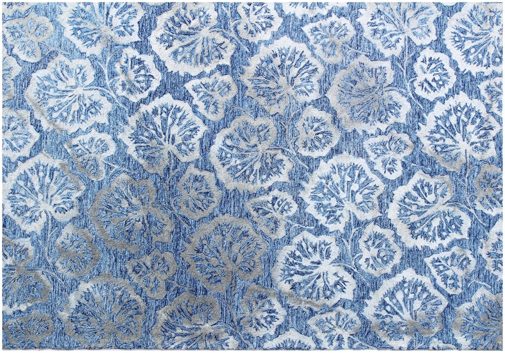 5' X 8' Denim Blue Wool Floral Hand Tufted Non Skid Area Rug