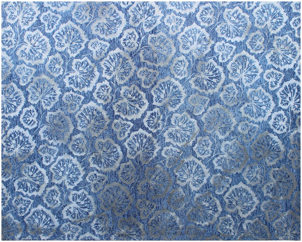 5' X 8' Denim Blue Wool Floral Hand Tufted Non Skid Area Rug