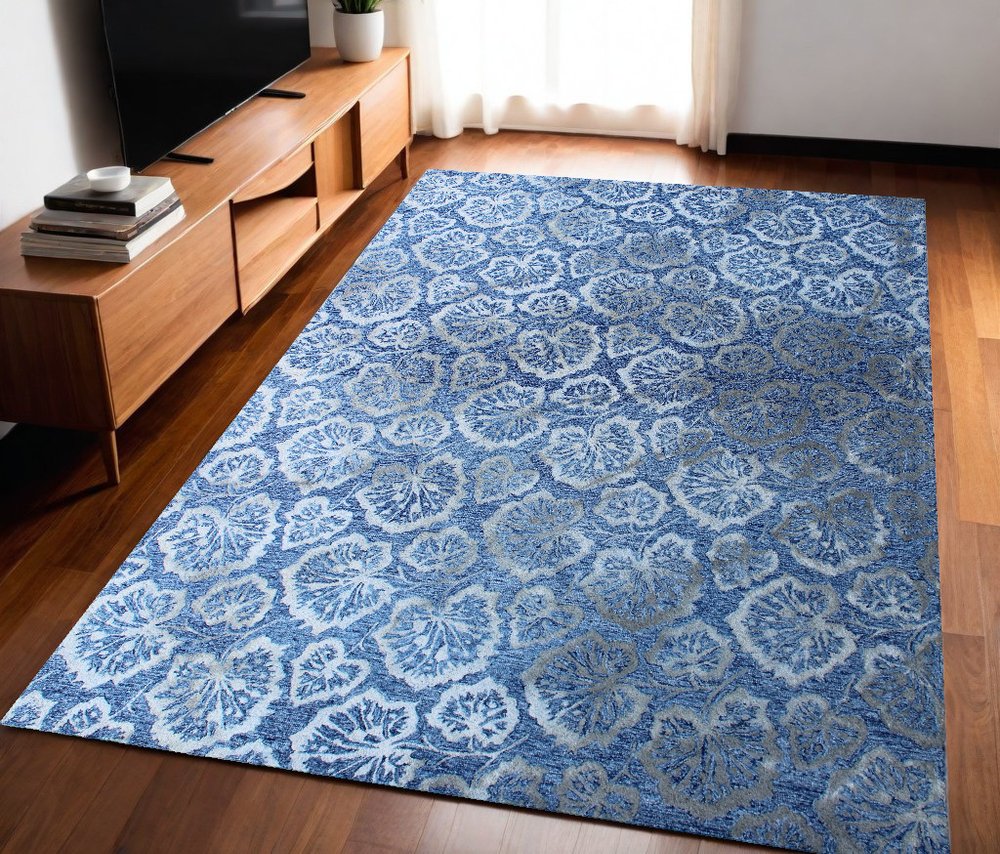 5' X 8' Denim Blue Wool Floral Hand Tufted Non Skid Area Rug