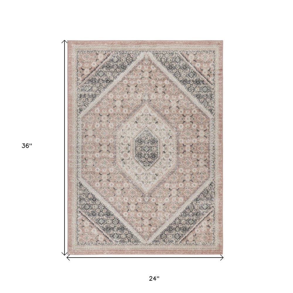 2' X 3' Pink and Cream Medallion Area Rug