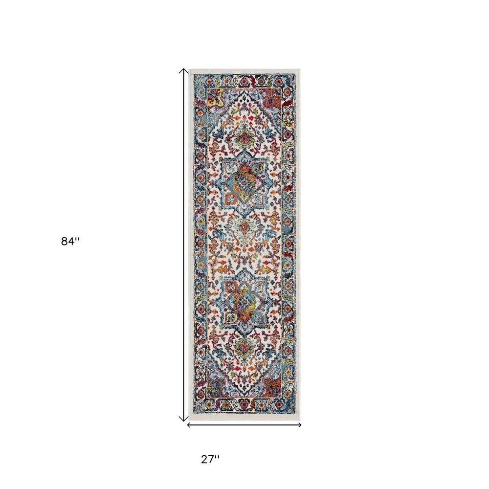 7' White And Blue Medallion Runner Rug