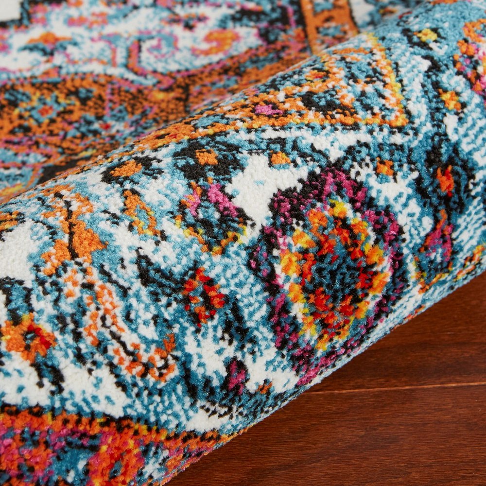 7' White And Blue Medallion Runner Rug