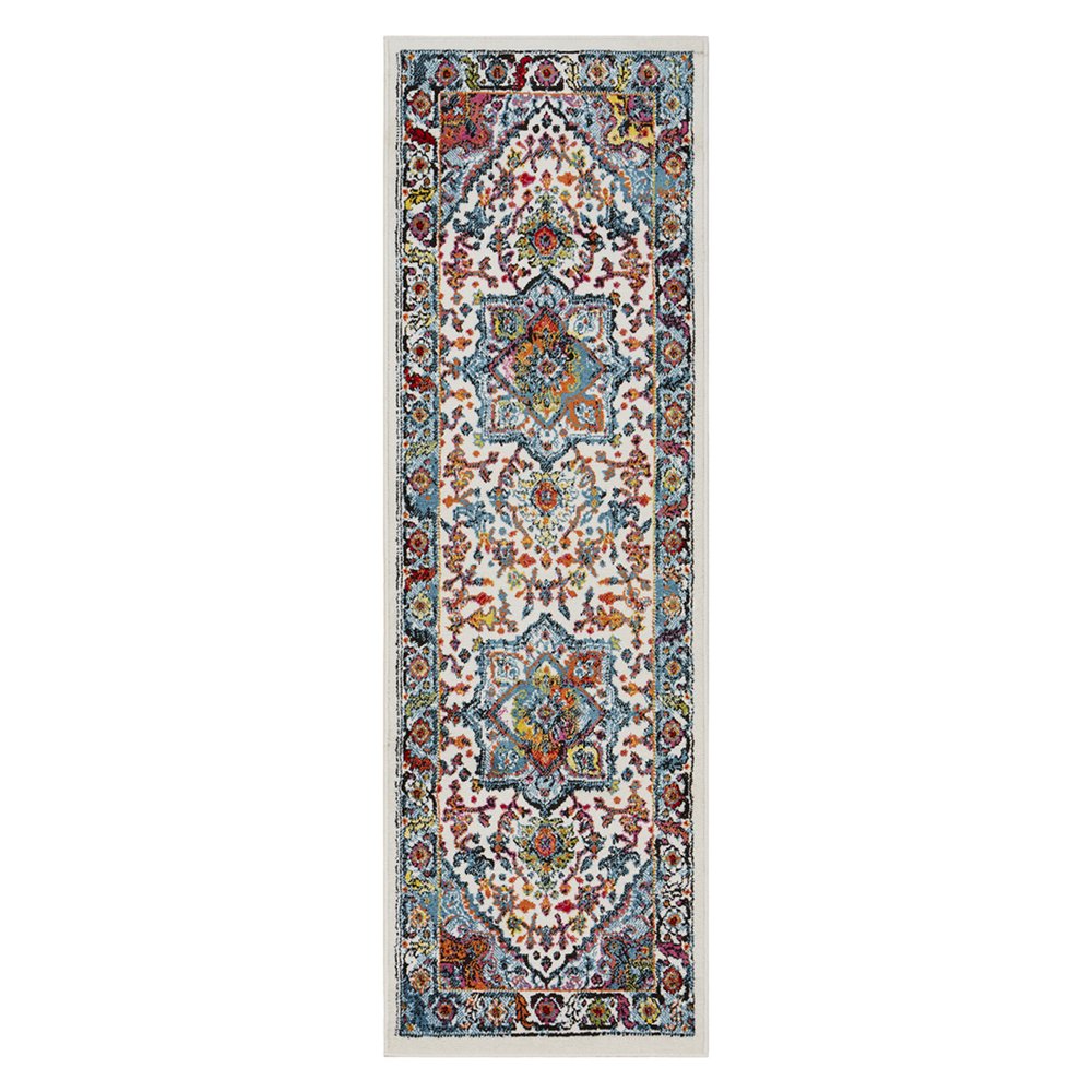 7' White And Blue Medallion Runner Rug