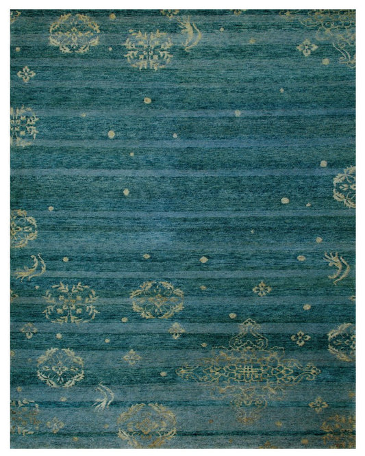 8' X 10' Tan Blue and Green Striped Hand Knotted Area Rug