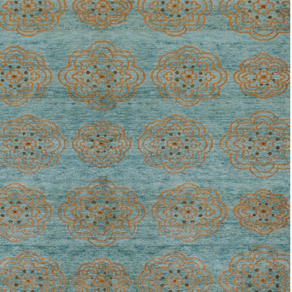 4' X 6' Green Blue and Taupe Floral Hand Knotted Worn Faded Area Rug