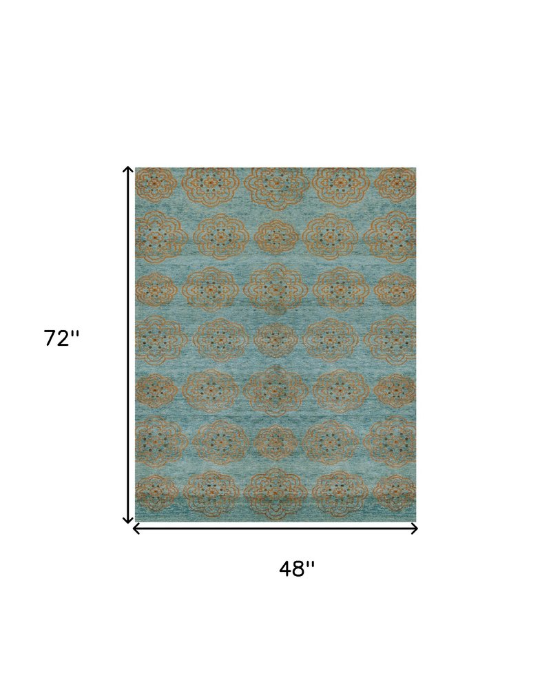 4' X 6' Green Blue and Taupe Floral Hand Knotted Worn Faded Area Rug