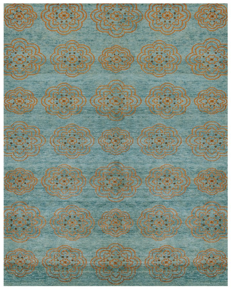 4' X 6' Green Blue and Taupe Floral Hand Knotted Worn Faded Area Rug